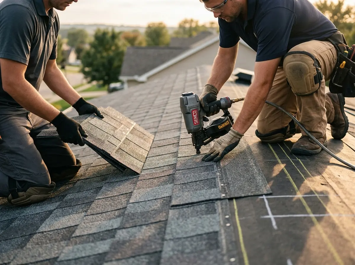 Professional roofer working on a residential roof in Clover Creek